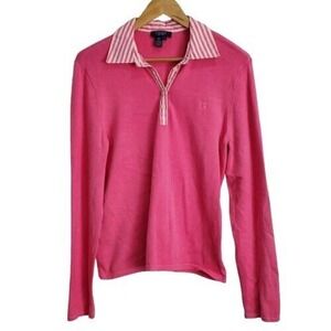Y2K Chaps Cotton Knit Pink Striped Button Collar Accent Blouse Size Large